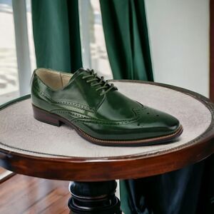 GIOVANNI MEN'S OLIVE WINGTIP LACE UP LEATHER  DRESS SHOE. LINCOLN.